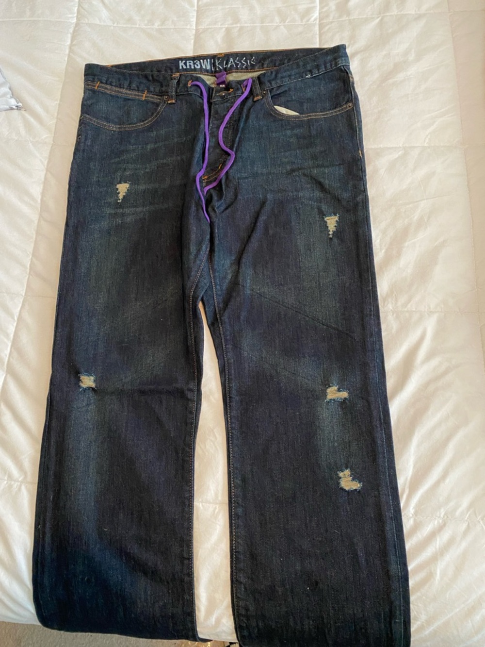 KR3W Men's Relaxed Dark Blue Jeans with Purple Drawstring
